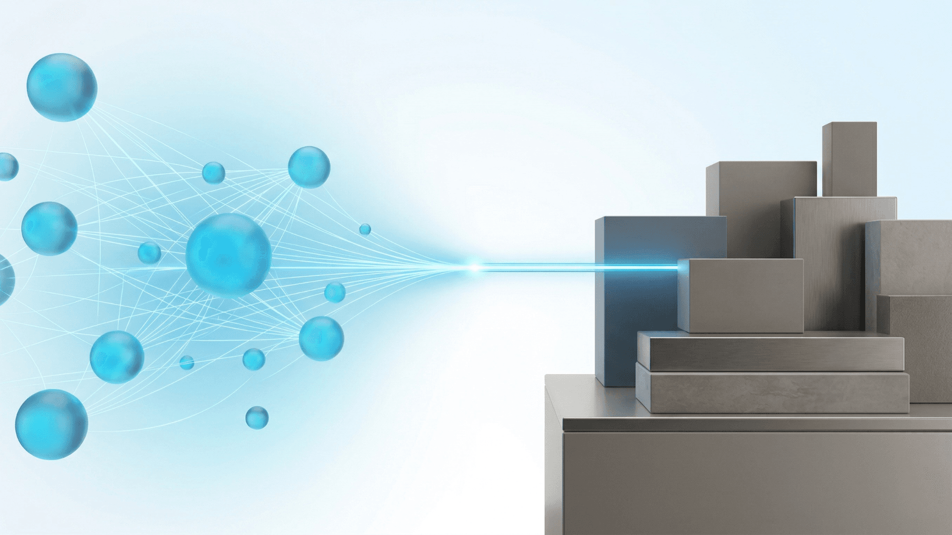 左側の対話型AIによる『発見』レイヤーと右側のマーチャント側の『決済』レイヤーが光の橋で繋がっている、エージェンティックコマースの2層構造を象徴するエディトリアル・イラスト