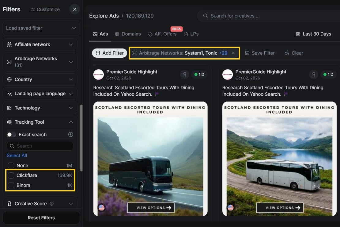 The Tracking Tool list with every arbitrage network selected: only Clickflare and Binom appear