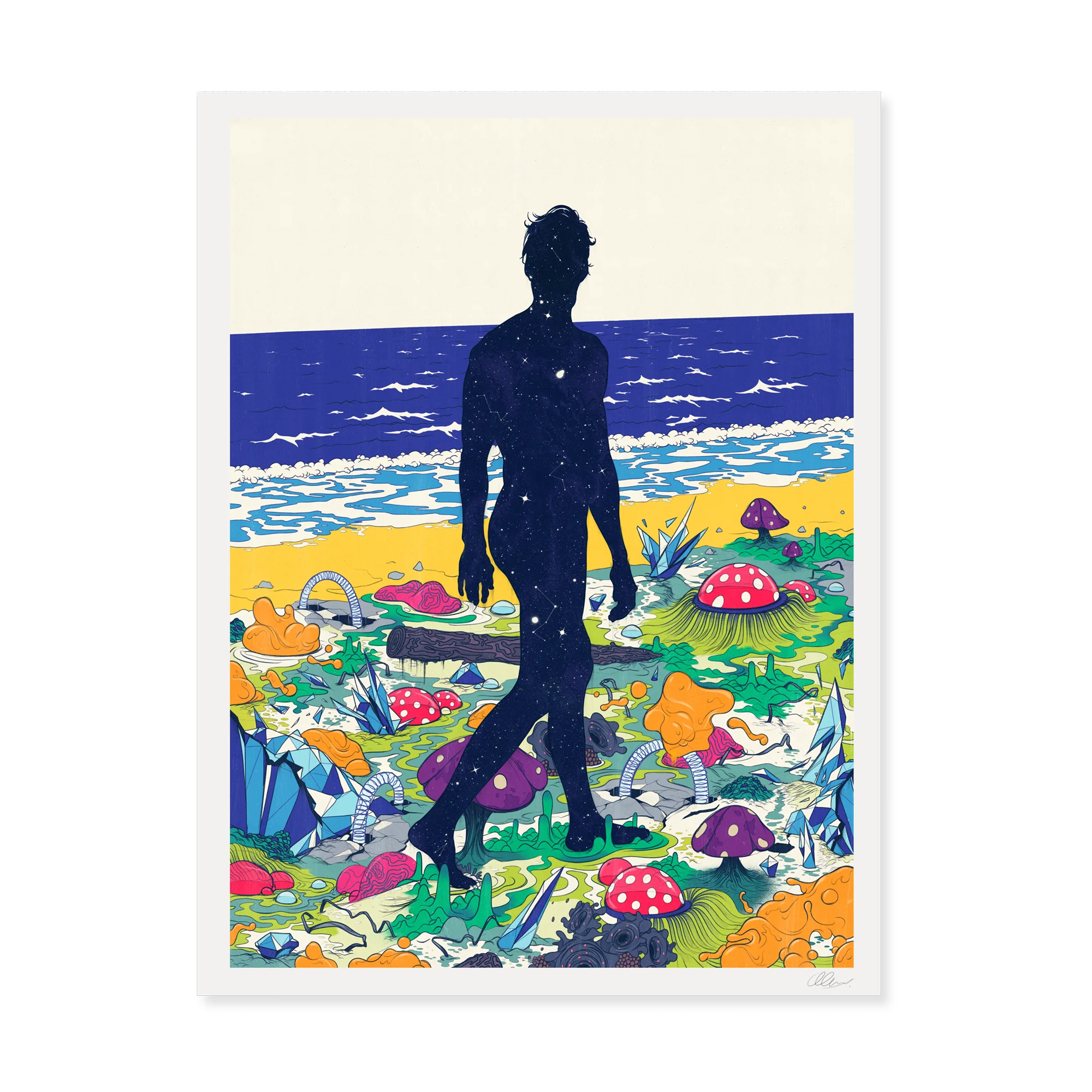 Pukehina By Day by Andrew Archer – surreal coastal landscape featuring a star-filled silhouette walking through colourful mushrooms and crystals beside a New Zealand beach.