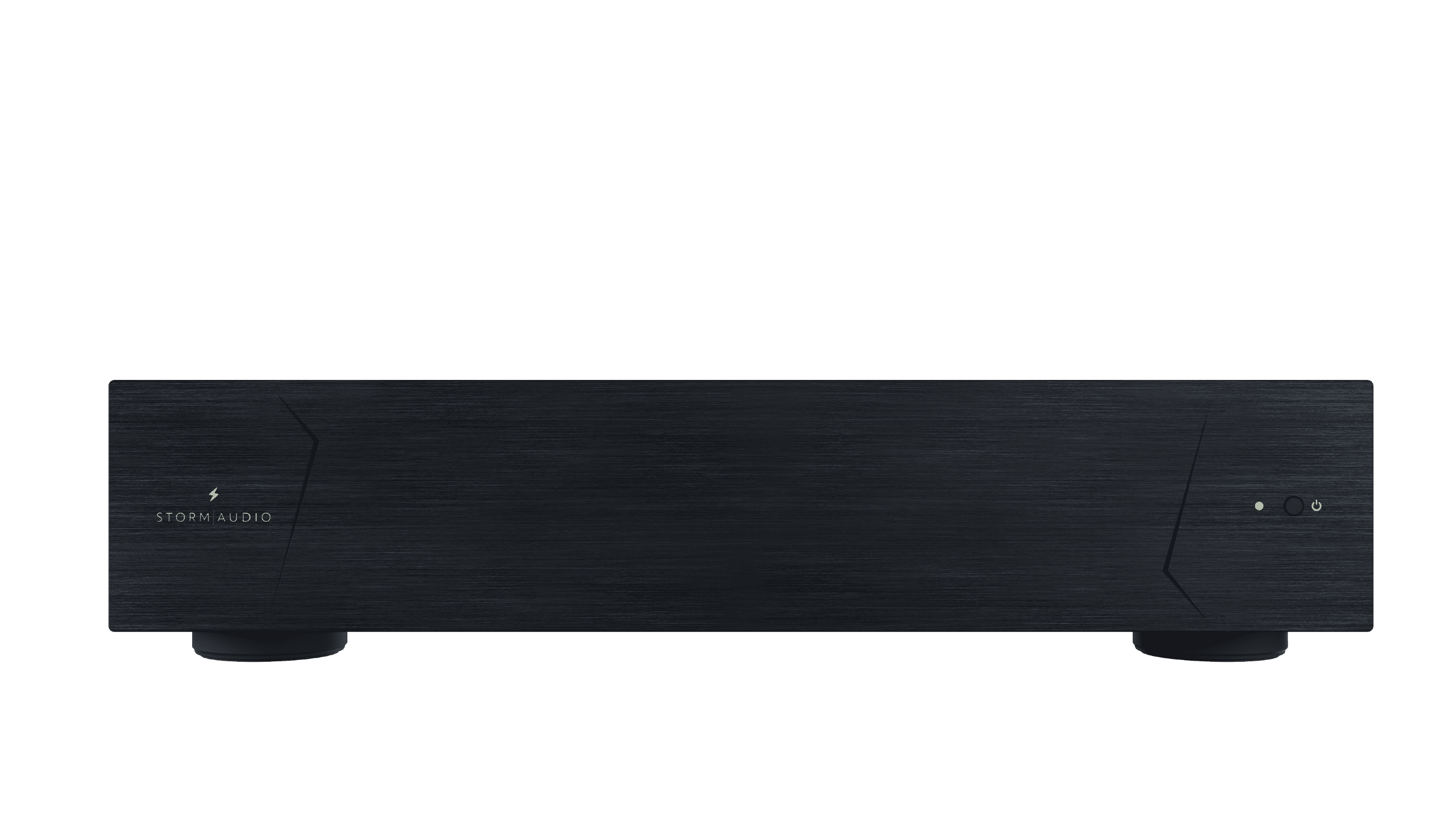Black audio component with logo and power button.