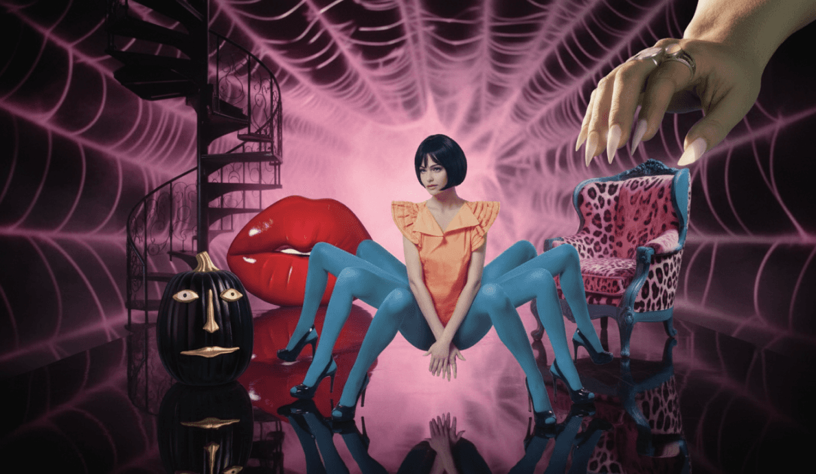 A surreal CGI-enhanced editorial scene of a woman in an orange ruffled dress with multiple blue-tighted legs arranged like a spider, surrounded by oversized red lips, a black decorative pumpkin with a face, a leopard-print chair, and a giant clawed hand — all set against a pink spiderweb-patterned backdrop.
