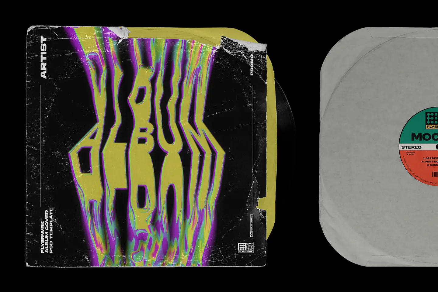 Vinyl record mockup displaying custom album cover design with colorful artwork