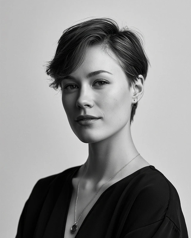A black-and-white studio portrait of a woman with a chic short haircut, wearing a black top against a gray background.
