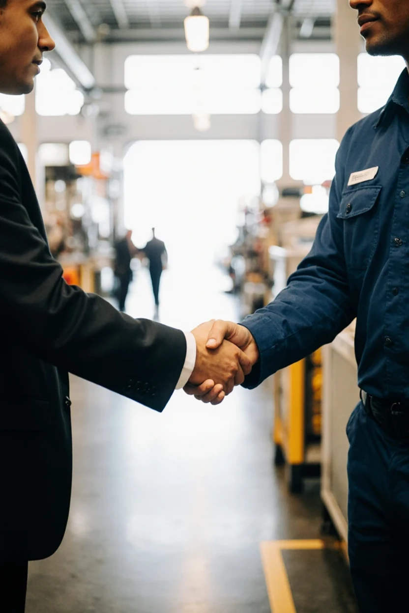 Manufacturing worker and manager shaking hands
