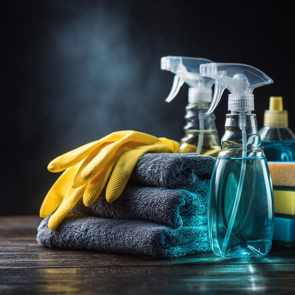 A person wearing bright green gloves is cleaning a surface with a cloth and a spray bottle.