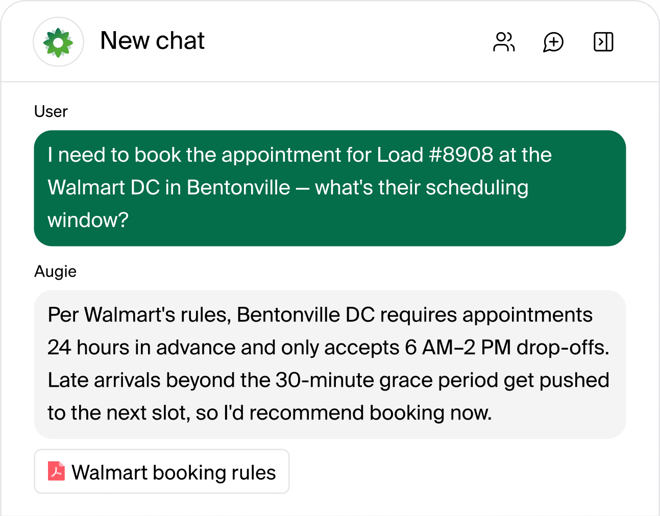 Chat with Augie explaining Walmart's Bentonville DC scheduling rules, citing a booking rules document.