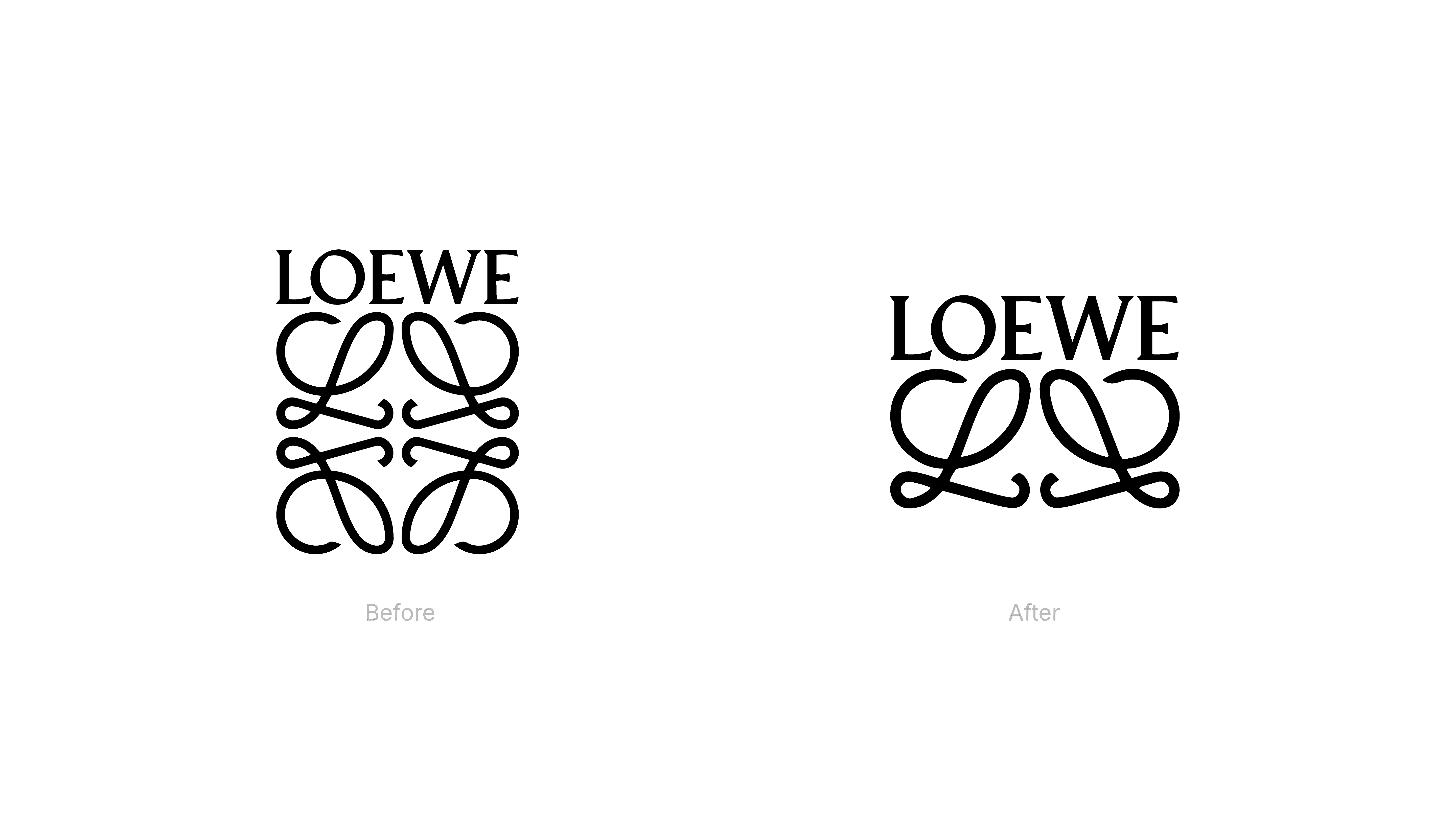 Loewe logo before and after comparison, highlighting the subtle evolution of the anagram in the new logo design
