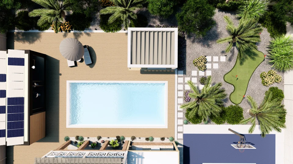 Bird's-eye view of the pool, the pool house, and putting green.