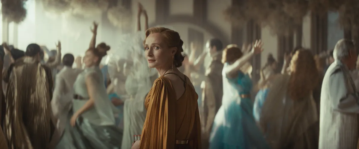 Mon Mothma in a golden gown looking back over her should will a group of dancers in the foreground