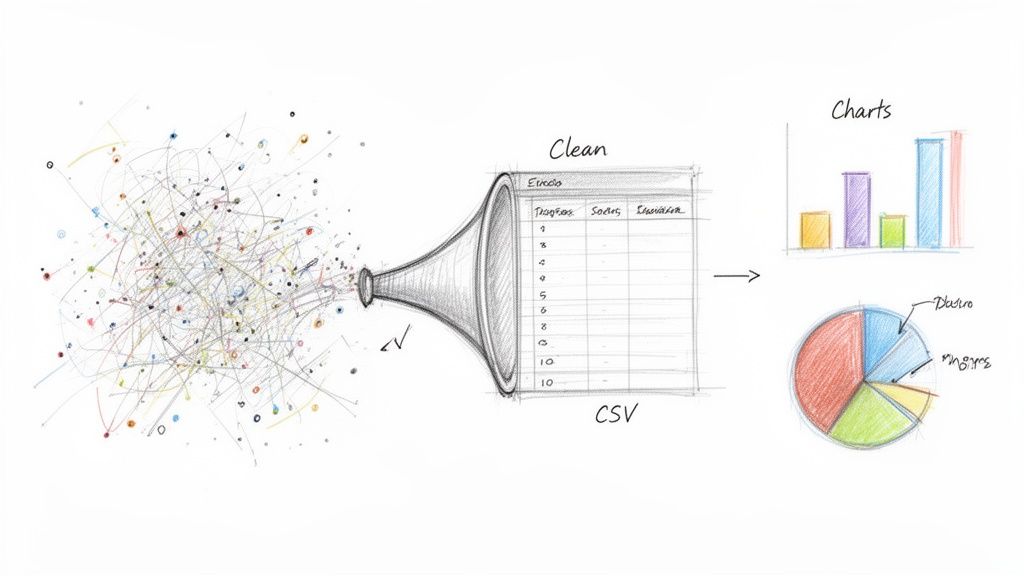 An illustration of data processing: raw, messy data cleaned into a CSV spreadsheet, then visualized in charts.