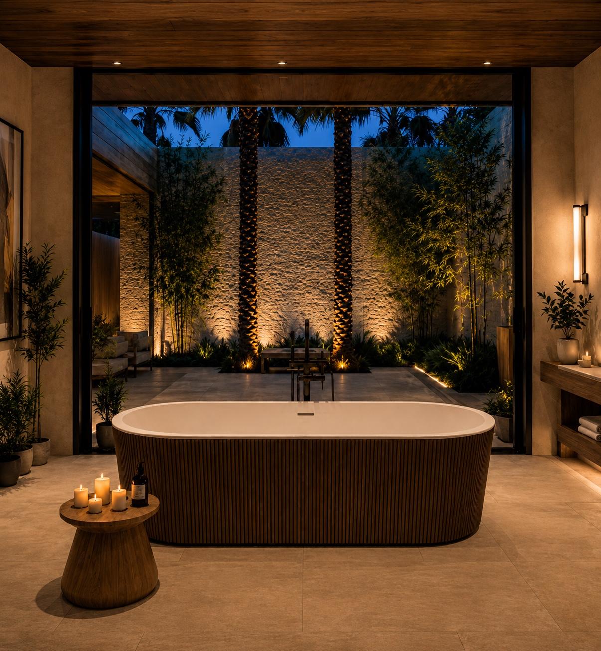DBC Walnut Mat vrijstaand ligbad met warme walnootafwerking in een luxe badkamer