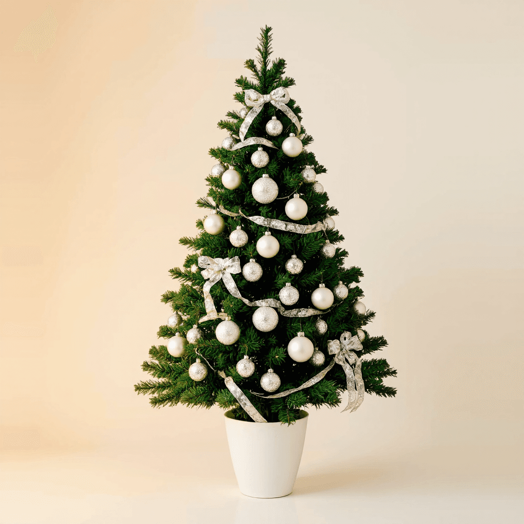 product photography of a small decorative Christmas tree with ornaments
