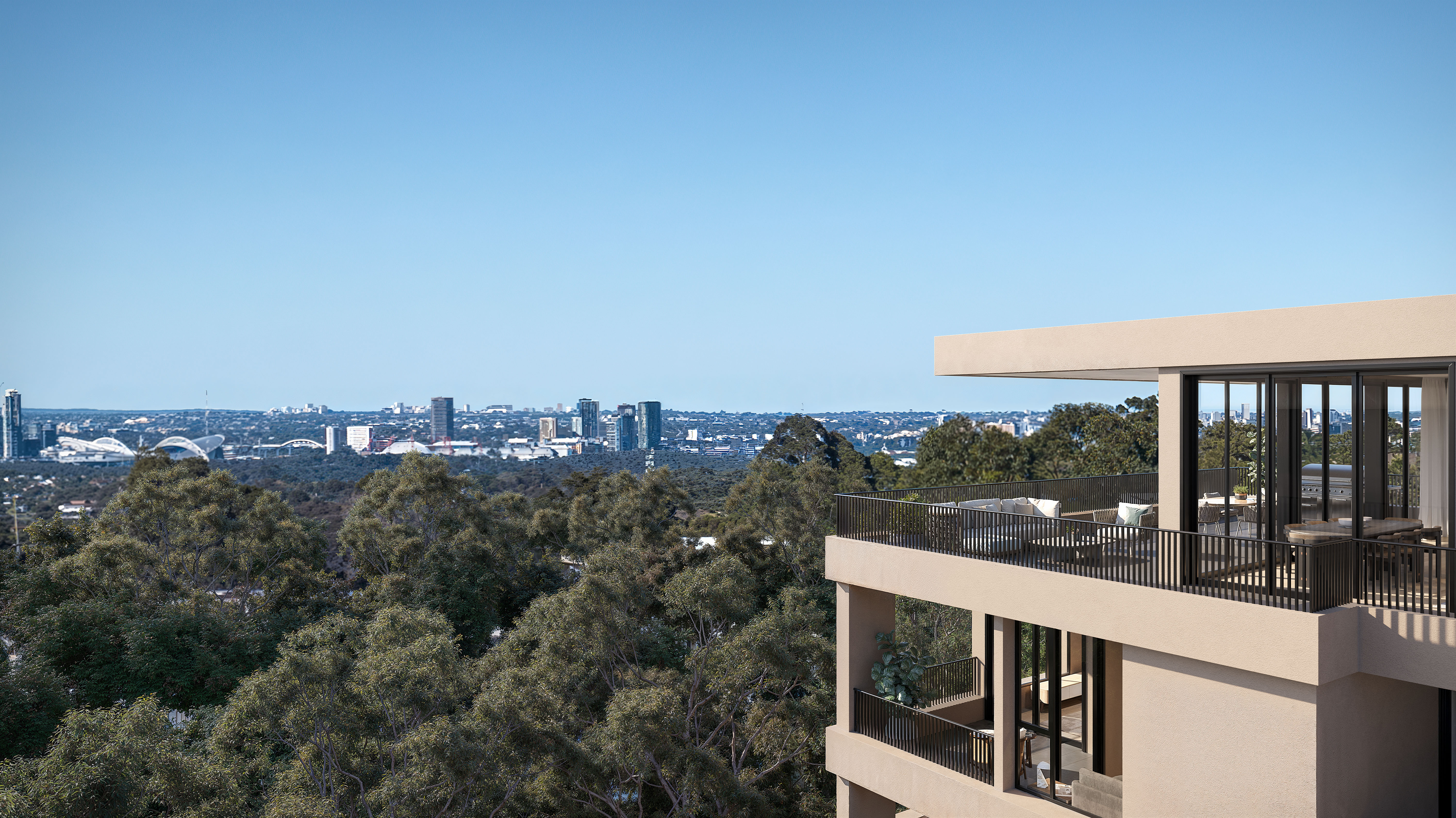 Modern apartment balcony overlooking lush trees and Sydney skyline. Blossom Carlingford off the plan Sydney.