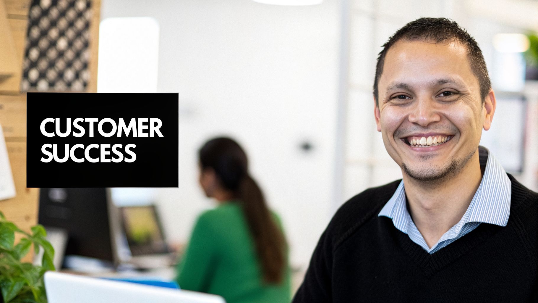 A happy man smiles in an office with a 'Customer Success' sign and a colleague working.