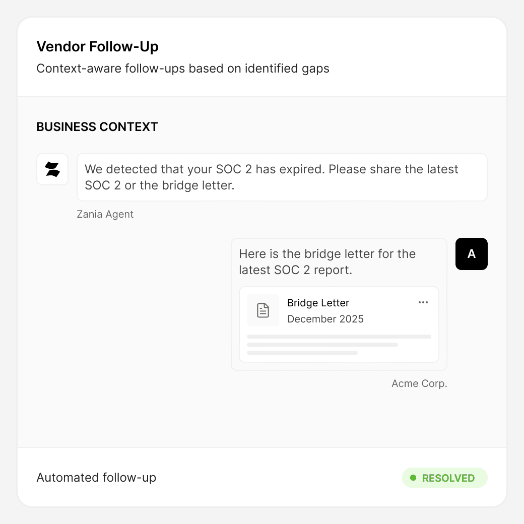 Automated third-party follow-up requesting updated SOC 2 report and bridge letter.