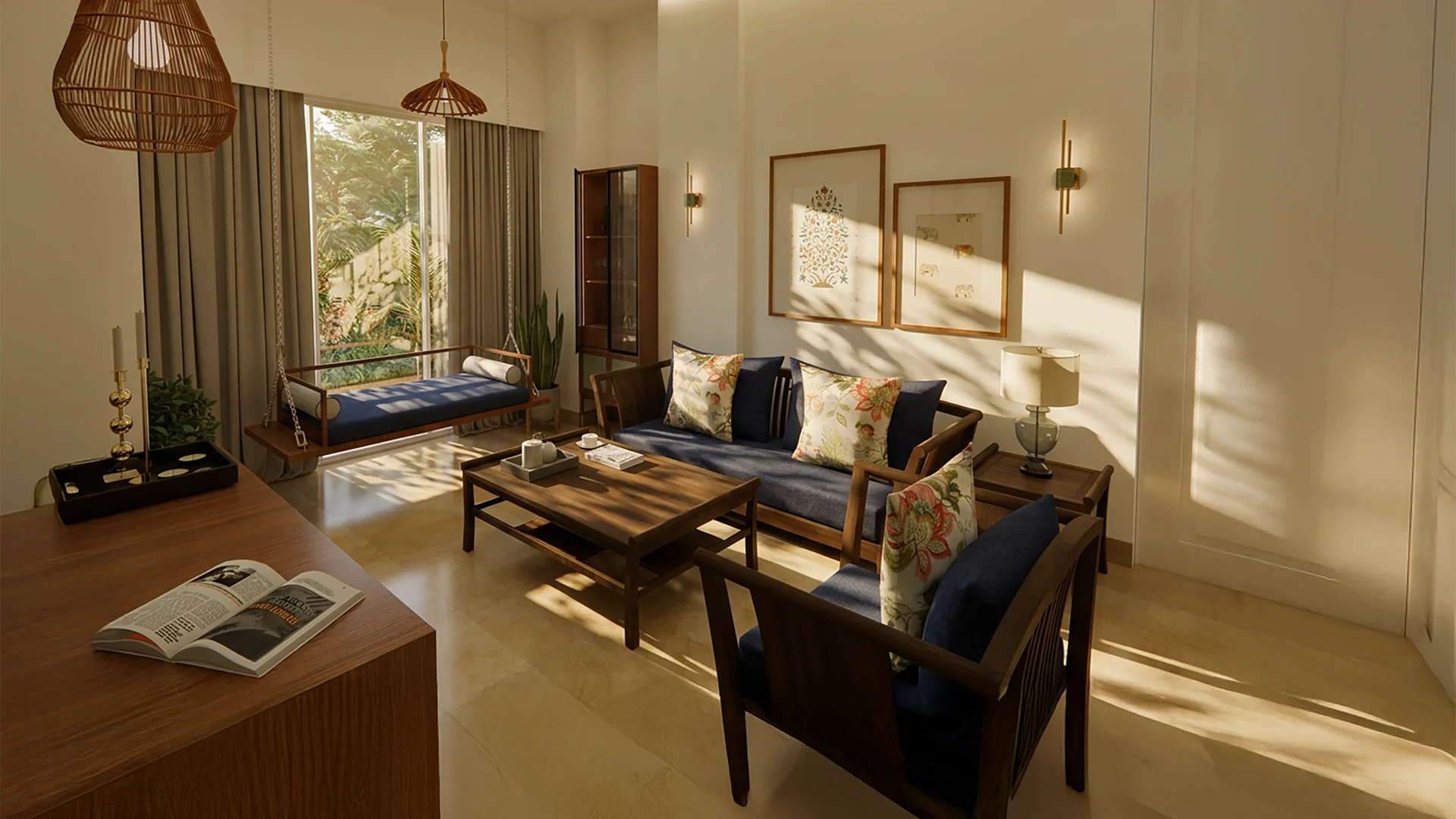 Sunlit living room with blue upholstered seating, wooden furniture, woven pendant lights, and greenery outside the window.