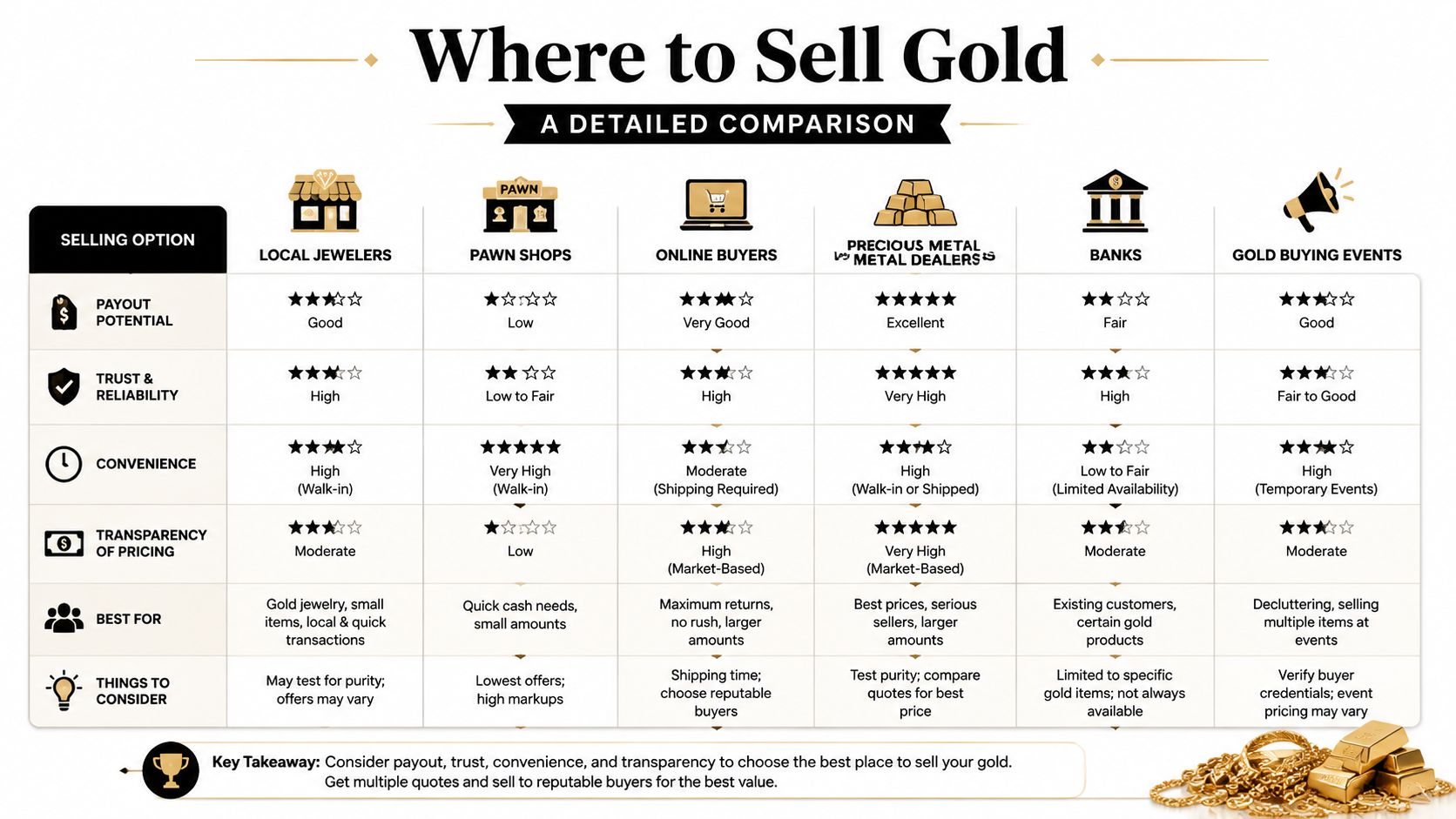 A comparison chart showing the pros and cons of selling gold through various different business outlets.