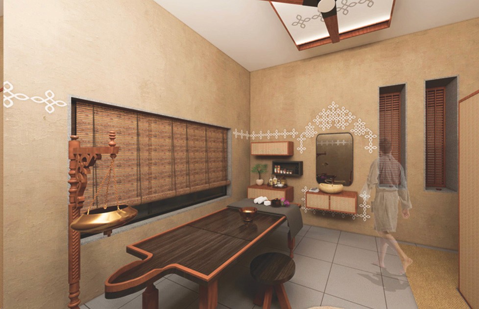 Vedansh Ayurveda, Malkapur – Ayurvedic treatment room with earthy finishes and traditional kolam motifs, designed by Rooted Narratives, Bengaluru.