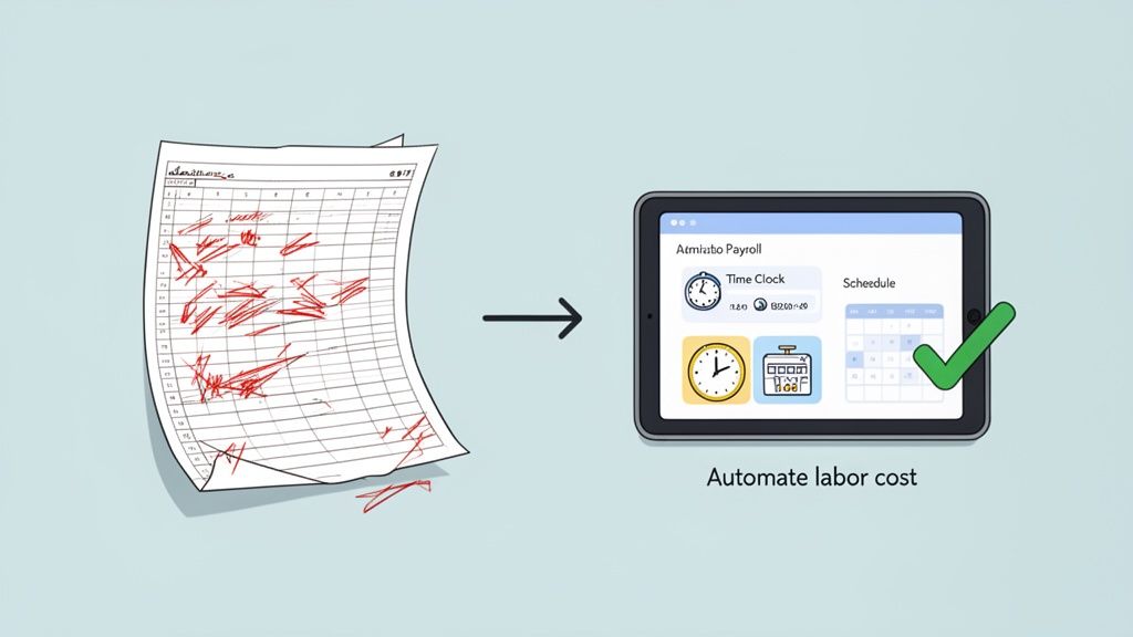 Manual, error-prone paper timesheets transform into an automated digital payroll system on a tablet, streamlining labor cost management.
