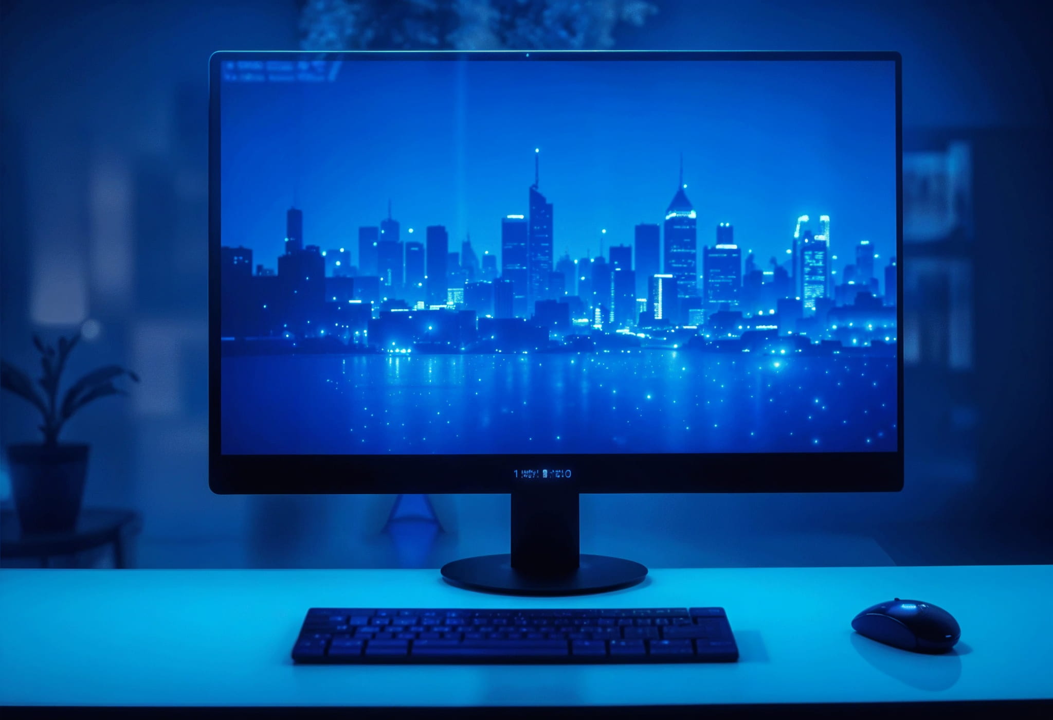 A Desktop that shows a city at night with blue colors