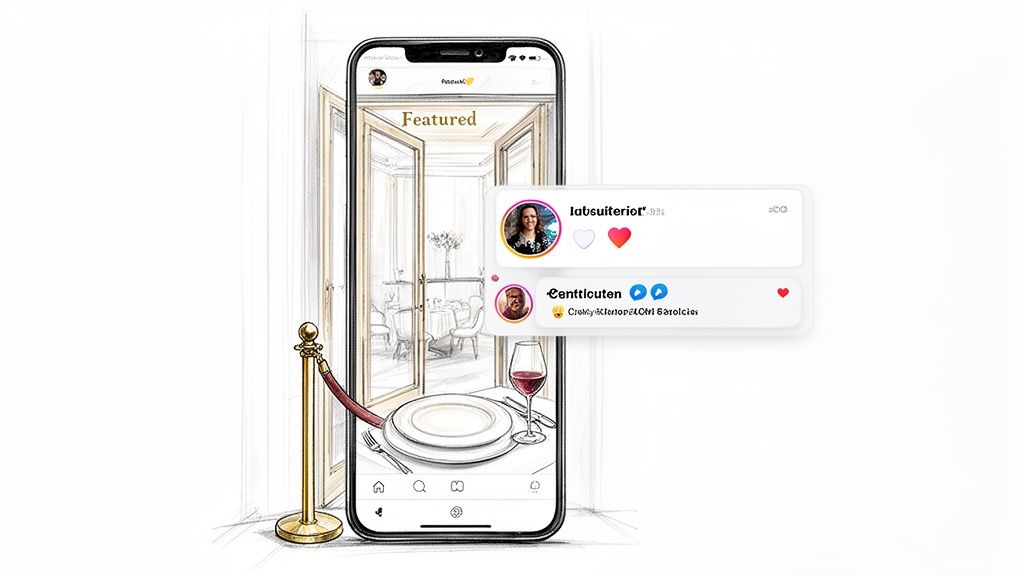 A smartphone displaying a luxury dining setting with social media comments and likes, next to a velvet rope.