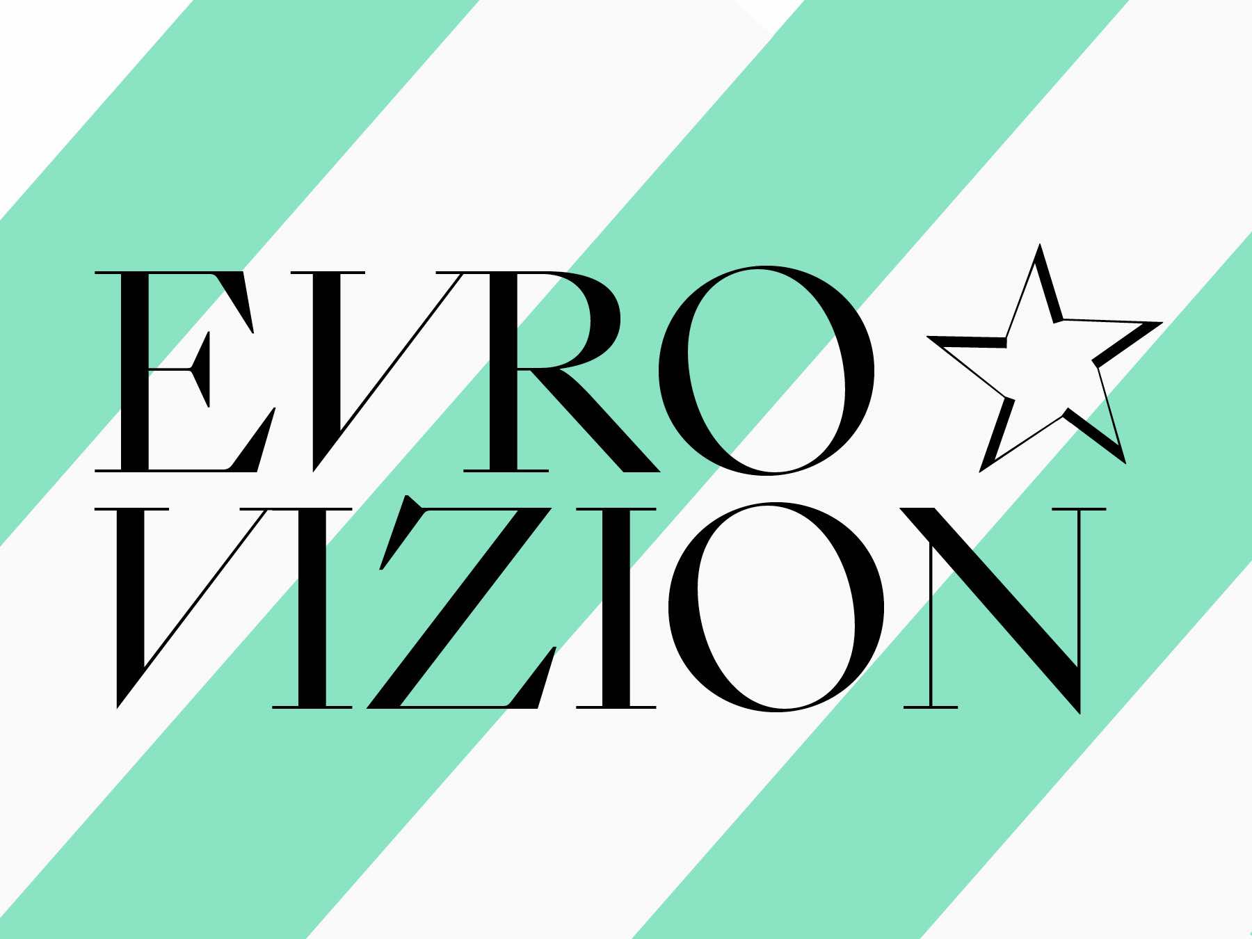 Evrovision logo in bold black serif text on a white and mint green diagonal stripe background with a star icon.