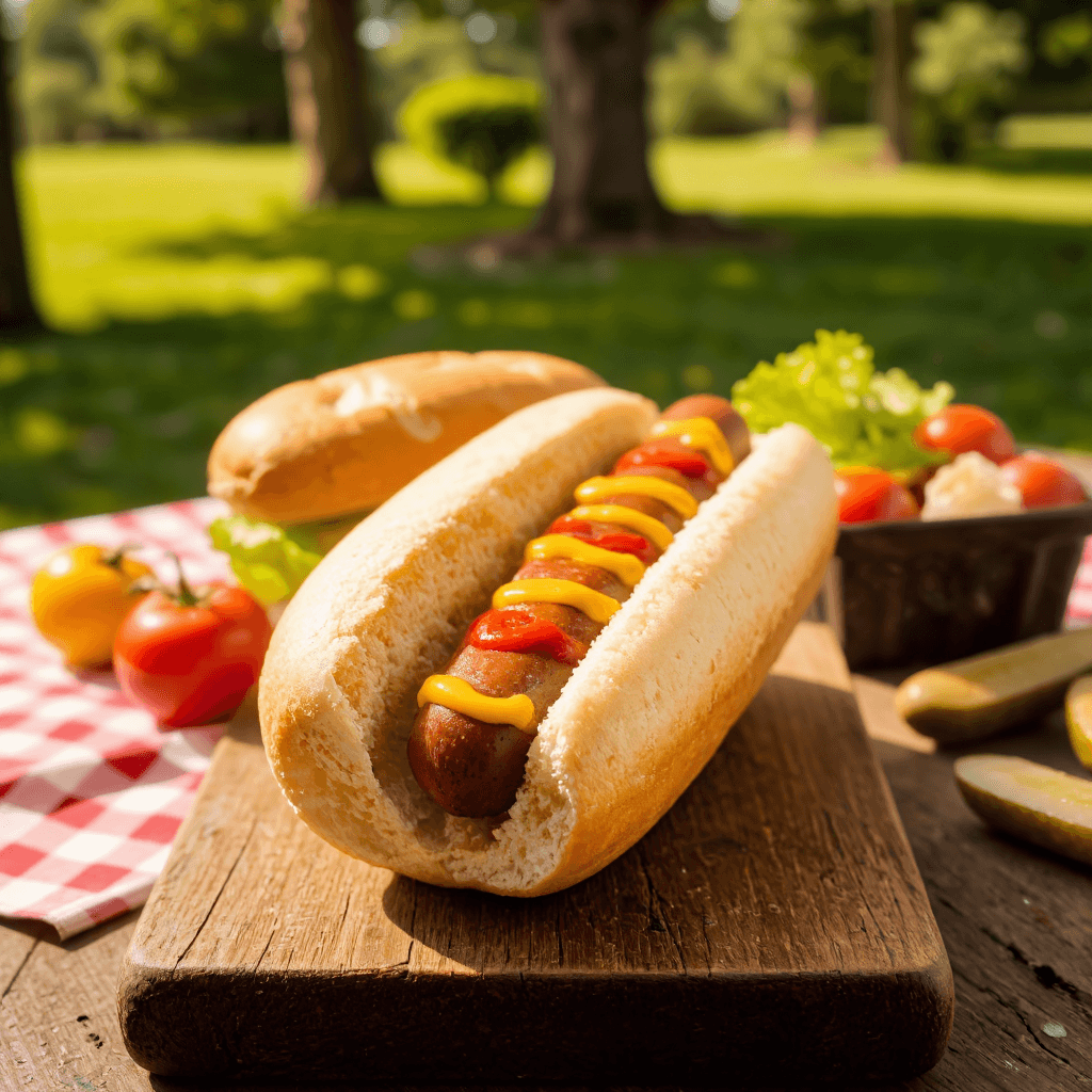 product photography of a hot dog in a bun with mustard and ketchup