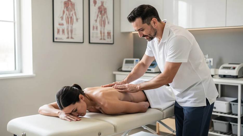A chiropractor treating a patient's lower back to relieve sciatica