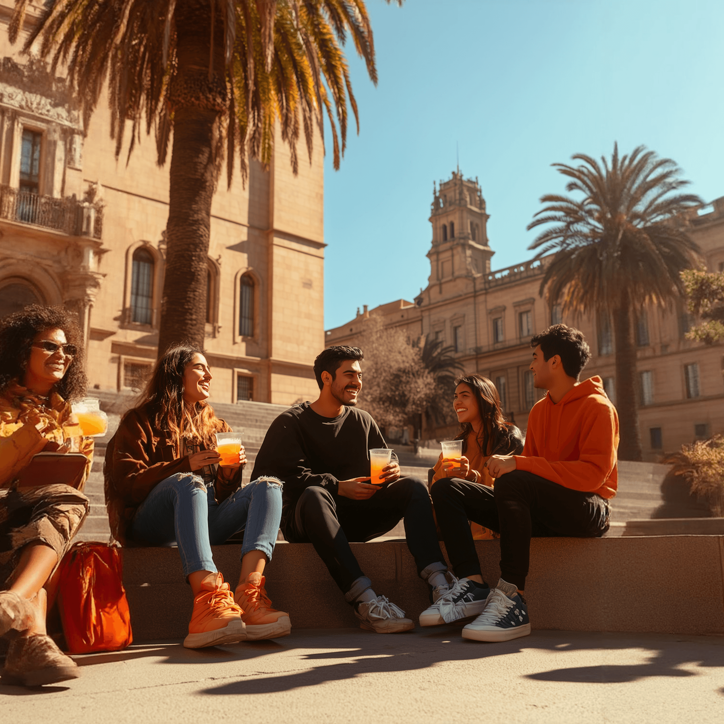 Group of young travelers sitting together in AlUla’s old town, sharing drinks and stories under palm trees on a sunny day.