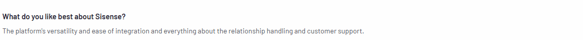Sisense user review highlighting ease of integration and customer support