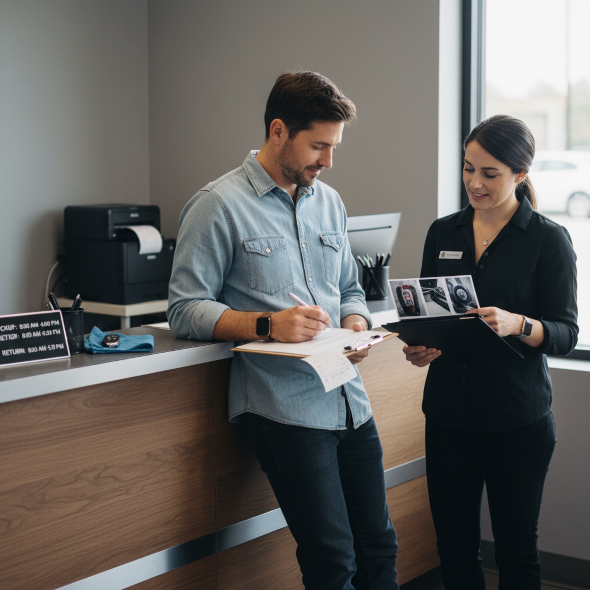 Ein Kunde setzt seine Unterschrift unter eine Servicevereinbarung auf einem Klemmbrett, daneben liegt eine Quittung. Eine Mitarbeiterin heftet Fotos vom Fahrzeugzustand in eine Mappe. Im Hintergrund summt ein Thermodrucker, auf dem Tresen steht ein kleines Schild mit Hinweisen zu Rückgabezeiten. Alles wirkt nachvollziehbar.