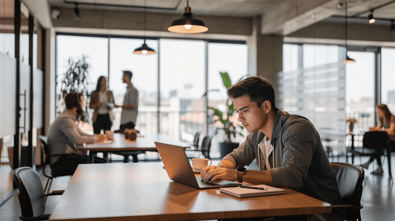 Un entrepreneur est assis à une table dans un espace de coworking moderne, travaillant sur son ordinateur portable. Il semble concentré sur son projet de boutique en ligne, probablement lié au dropshipping, en utilisant des outils pour gérer ses produits et ses commandes.