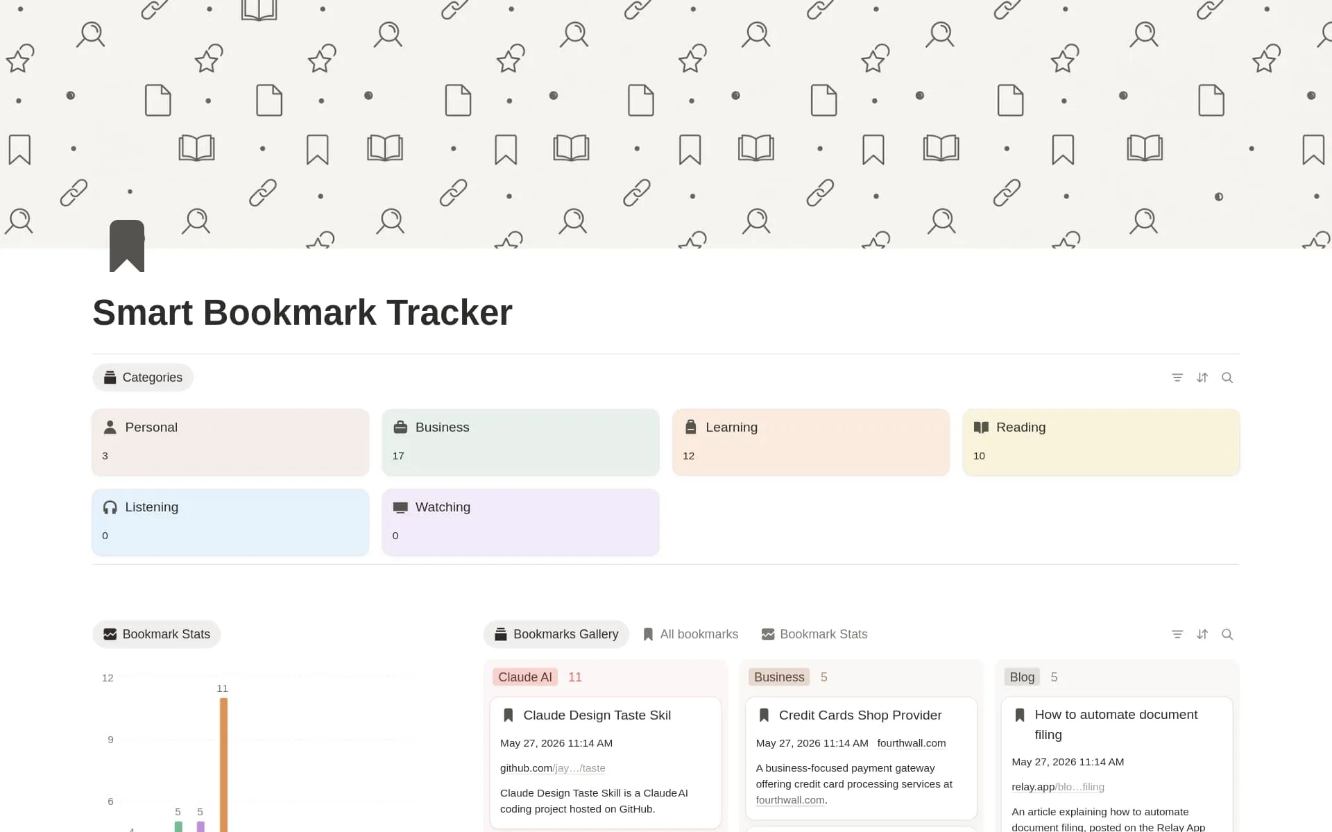 Screenshot of the Smart Bookmark Tracker Notion dashboard showing saved links organized by category and tag.