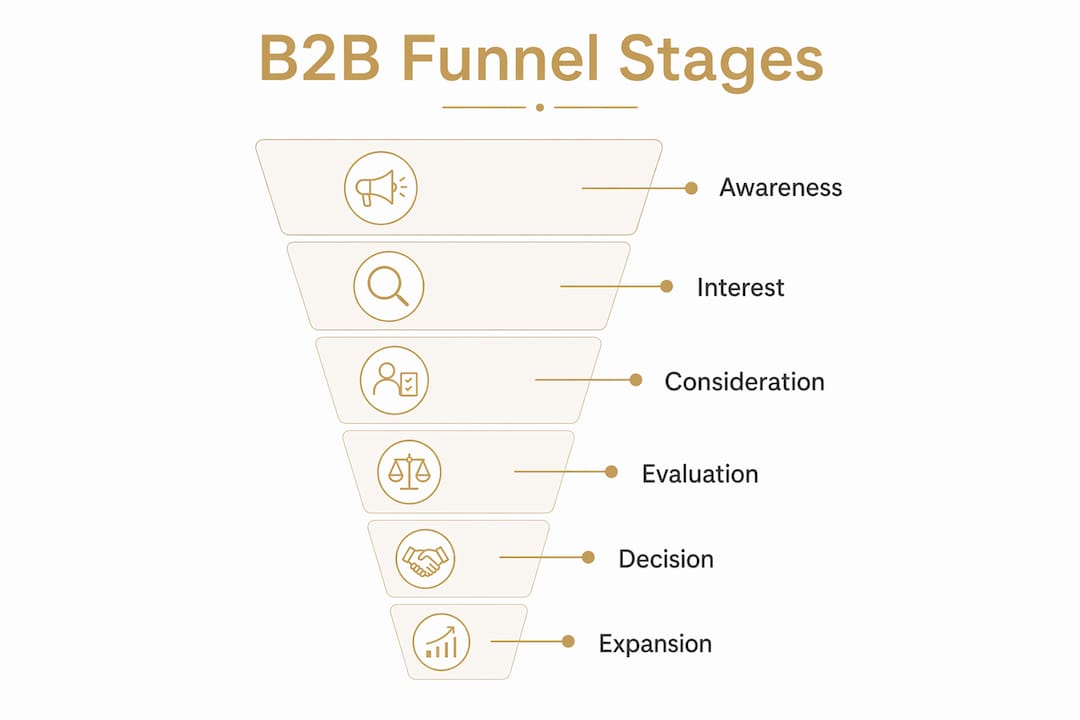 Vertical flow infographic of B2B funnel stages