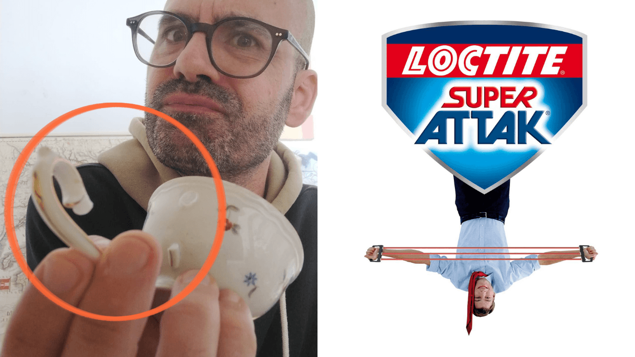 foto a confronto con carlo celanetti che tiene tazzina rotta e uomo sottosopra sponsor attak