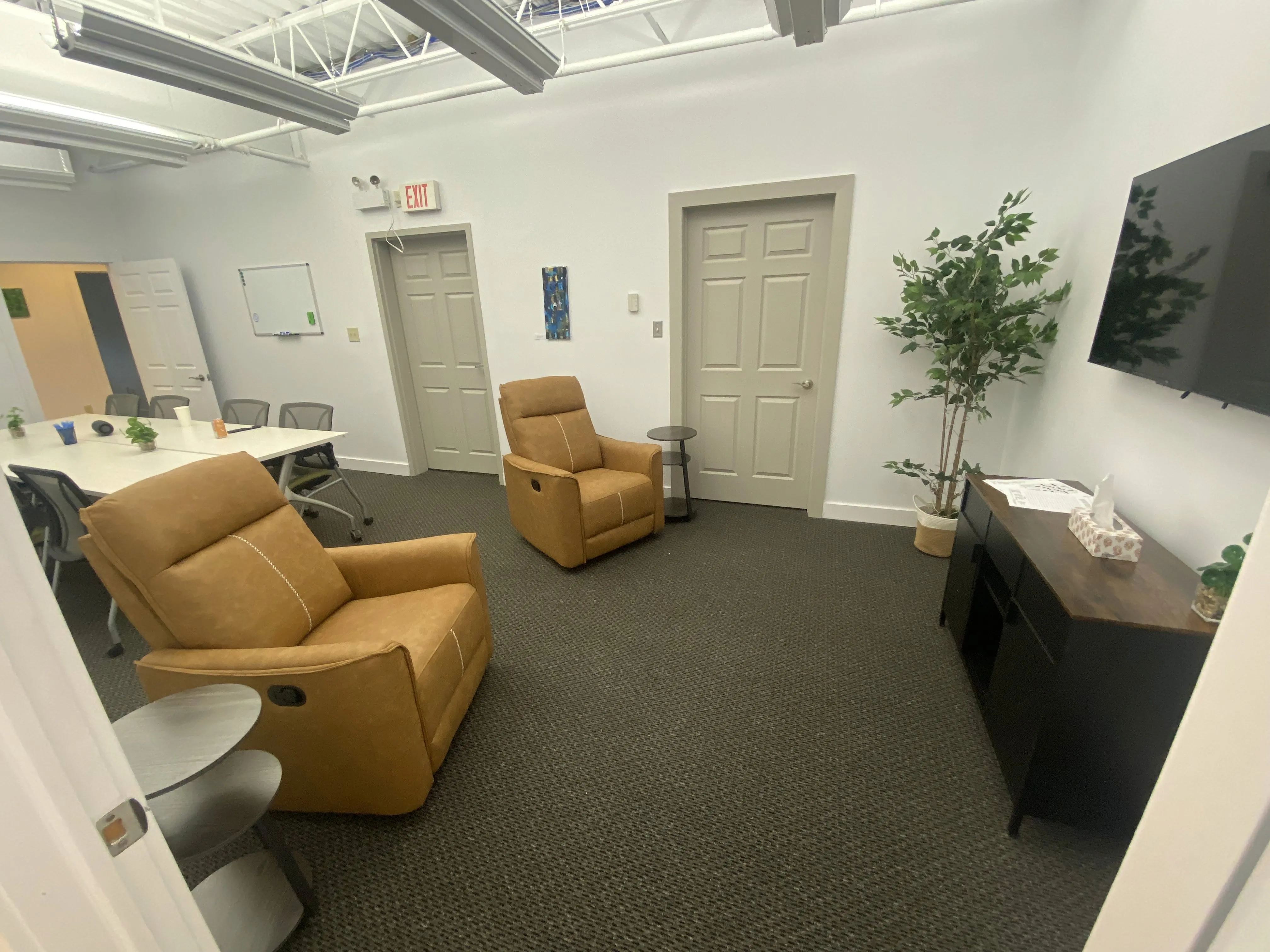 Lounge area with tan recliner chairs, a wall-mounted TV, and a potted plant beside meeting room doors