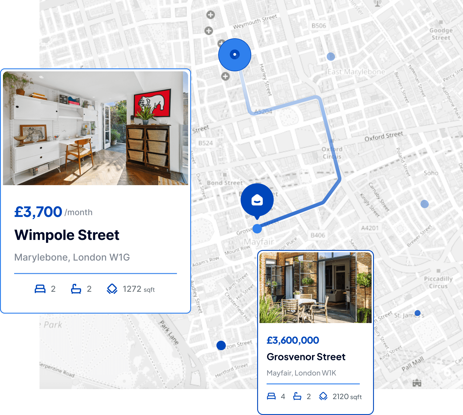 Interactive property map by Click showcasing real estate listings for Wimpole Street and Grosvenor Street in London—highlighting property photography, floorplans, and detailed pricing information