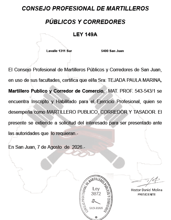 Certificado profesional de Paula Marina Tejada - Consejo Profesional de Martilleros Públicos y Corredores de San Juan