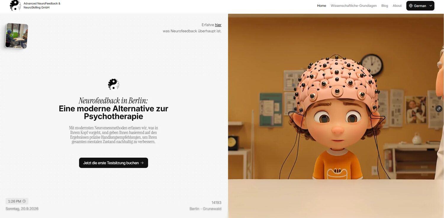 Screenshot: neurofeedbackberlin.com – „Neurofeedback in Berlin: Eine moderne Alternative zur Psychotherapie“ mit kindgerechter 3D-Illustration, Sprachwechsler und Button „Jetzt die erste Testsitzung buchen“