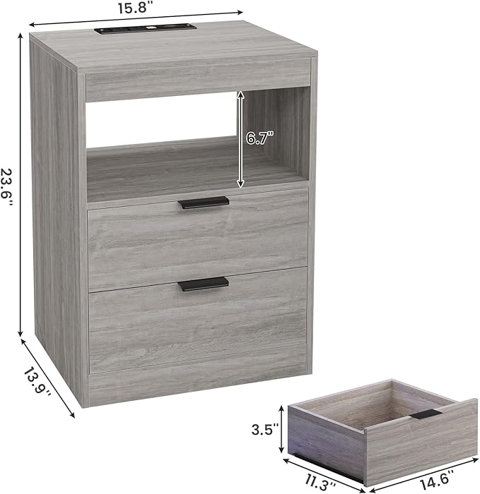 Elegant gray nightstand with charging station with ample storage space and a timeless design.