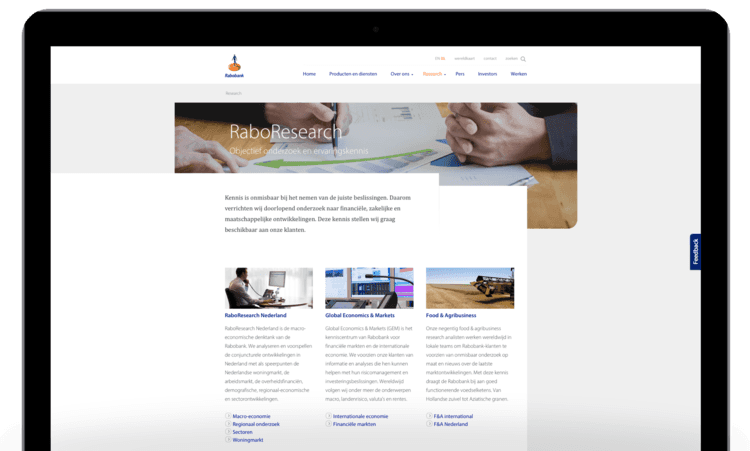 Scherm van laptop met daarop Rabobank website.