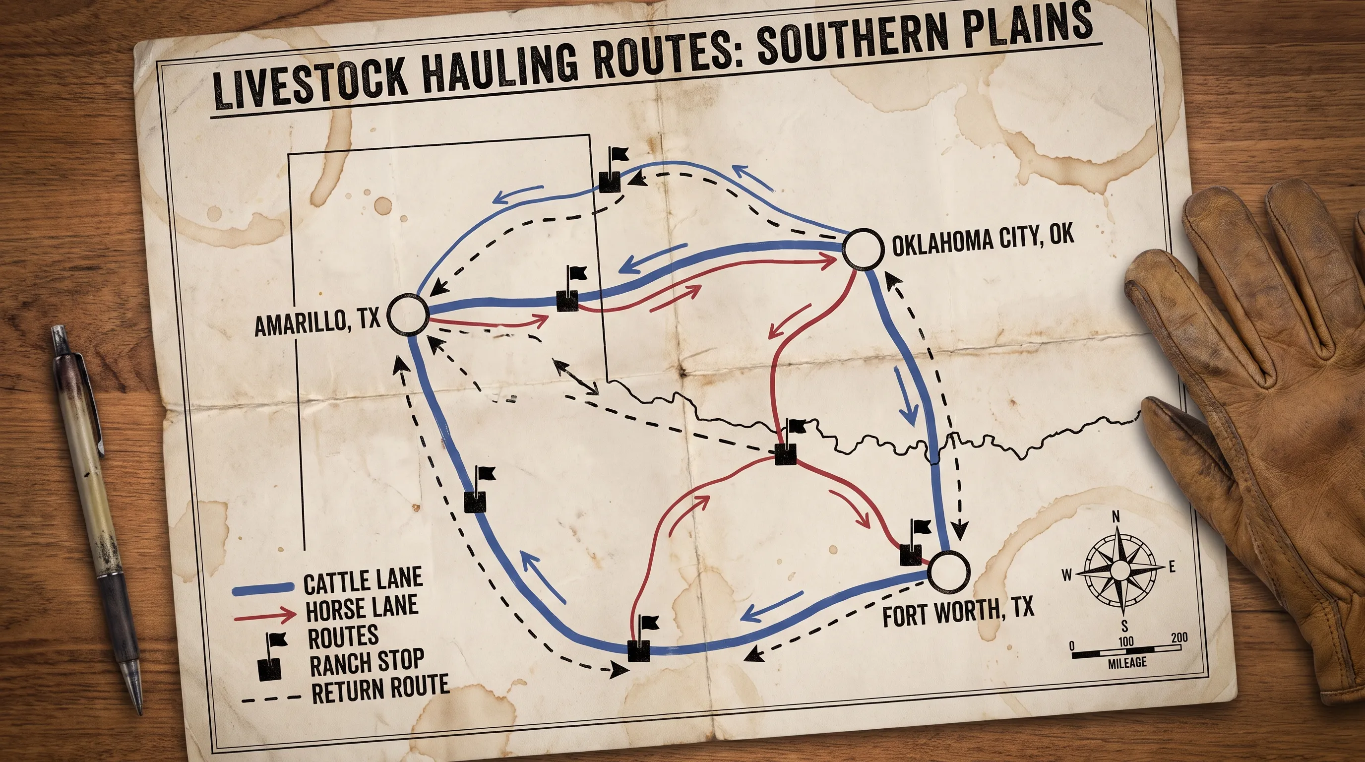 A livestock hauling map marks cattle and horse lanes between Amarillo, Oklahoma City and Fort Worth, with ranch stops and return routes.