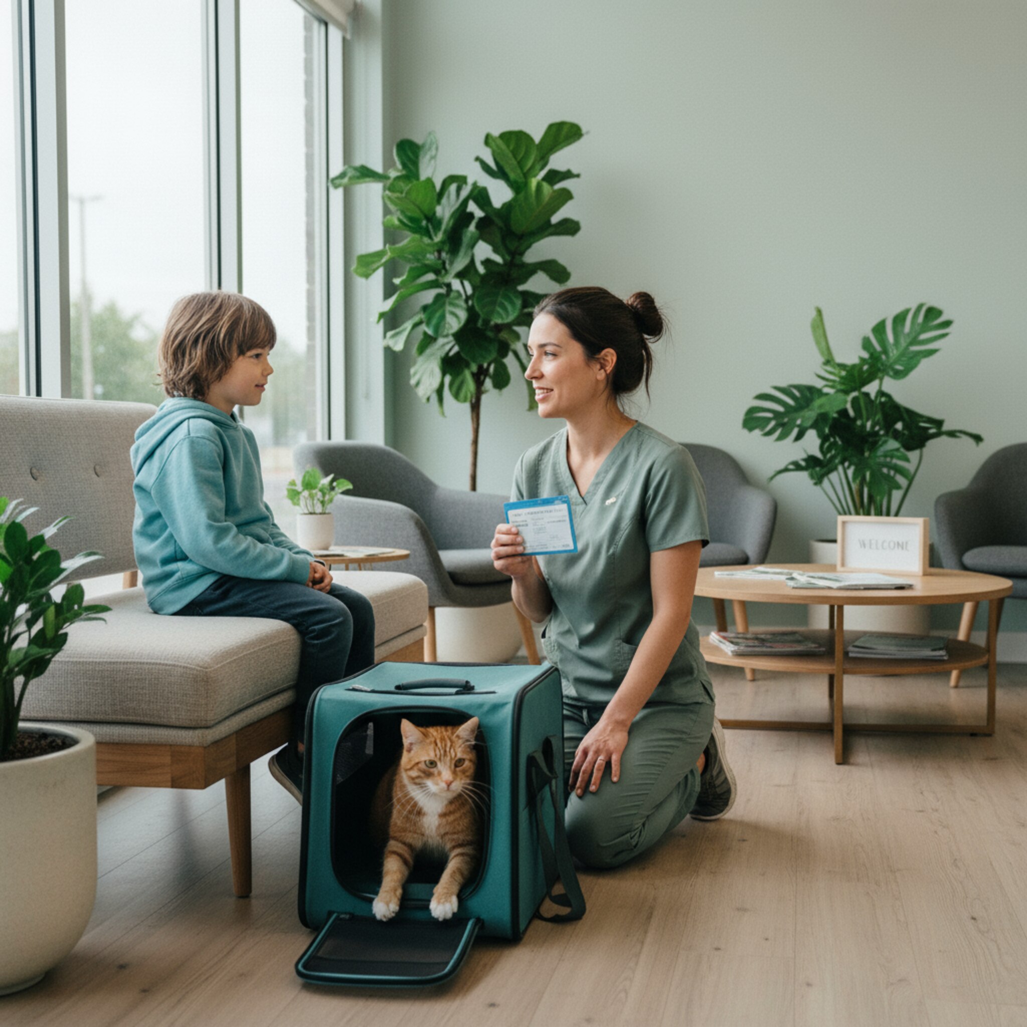 Im Wartebereich sitzt ein Kind neben einer Transportbox, aus der eine neugierige Katze vorsichtig herausschaut. Eine Mitarbeiterin kniet auf Augenhöhe, spricht beruhigend und hält eine kleine Impfkartenhülle bereit. Durch große Fenster fällt helles Tageslicht, Pflanzen sorgen für eine angenehme, freundliche Praxisstimmung.
