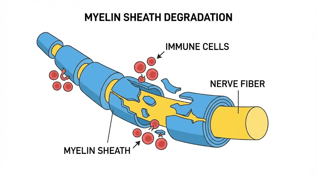 Multiple sclerosis myelin degradation diagram showing immune attack on nerve fibers