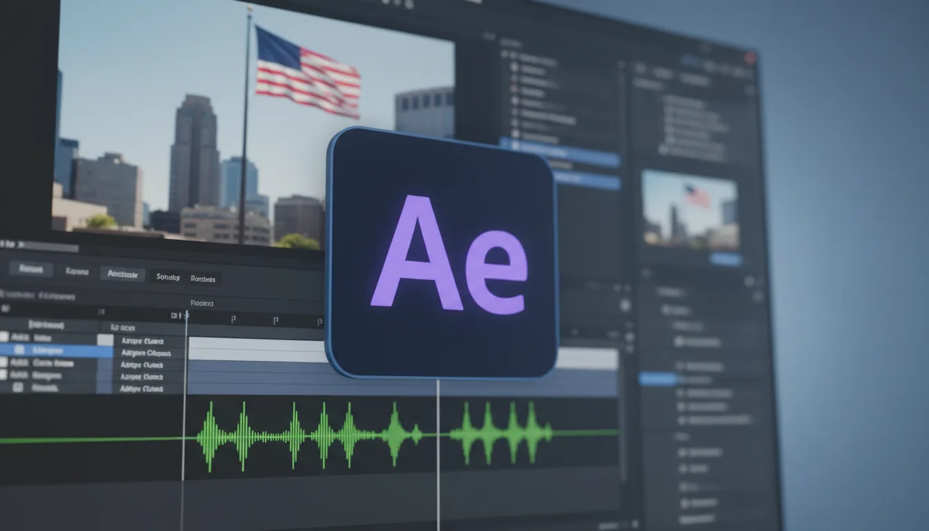 High-quality screen capture of the Adobe After Effects software interface in Modern Dark Mode, shot from a dynamic angle. The focus is on the central, prominent Adobe After Effects 'Ae' logo, a dark blue rounded square with purple letters. The background UI is softly blurred, showing a video editing timeline with green audio waveforms, UI elements, and video preview windows displaying city scenes with an American flag. Soft studio lighting with a cinematic blue color grade, shallow depth of field.