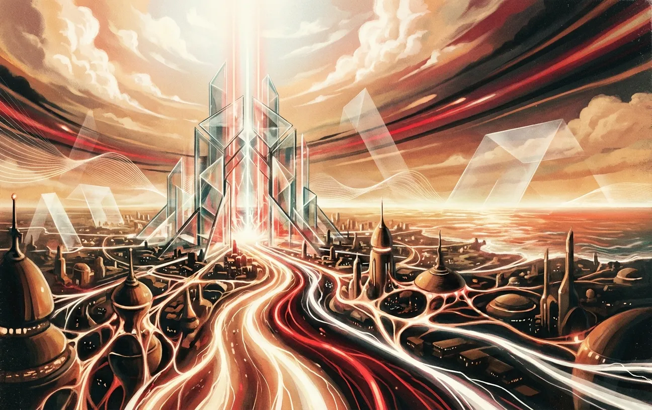 Futuristic cityscape by RockN' Socials, highlighting digital marketing dynamics.