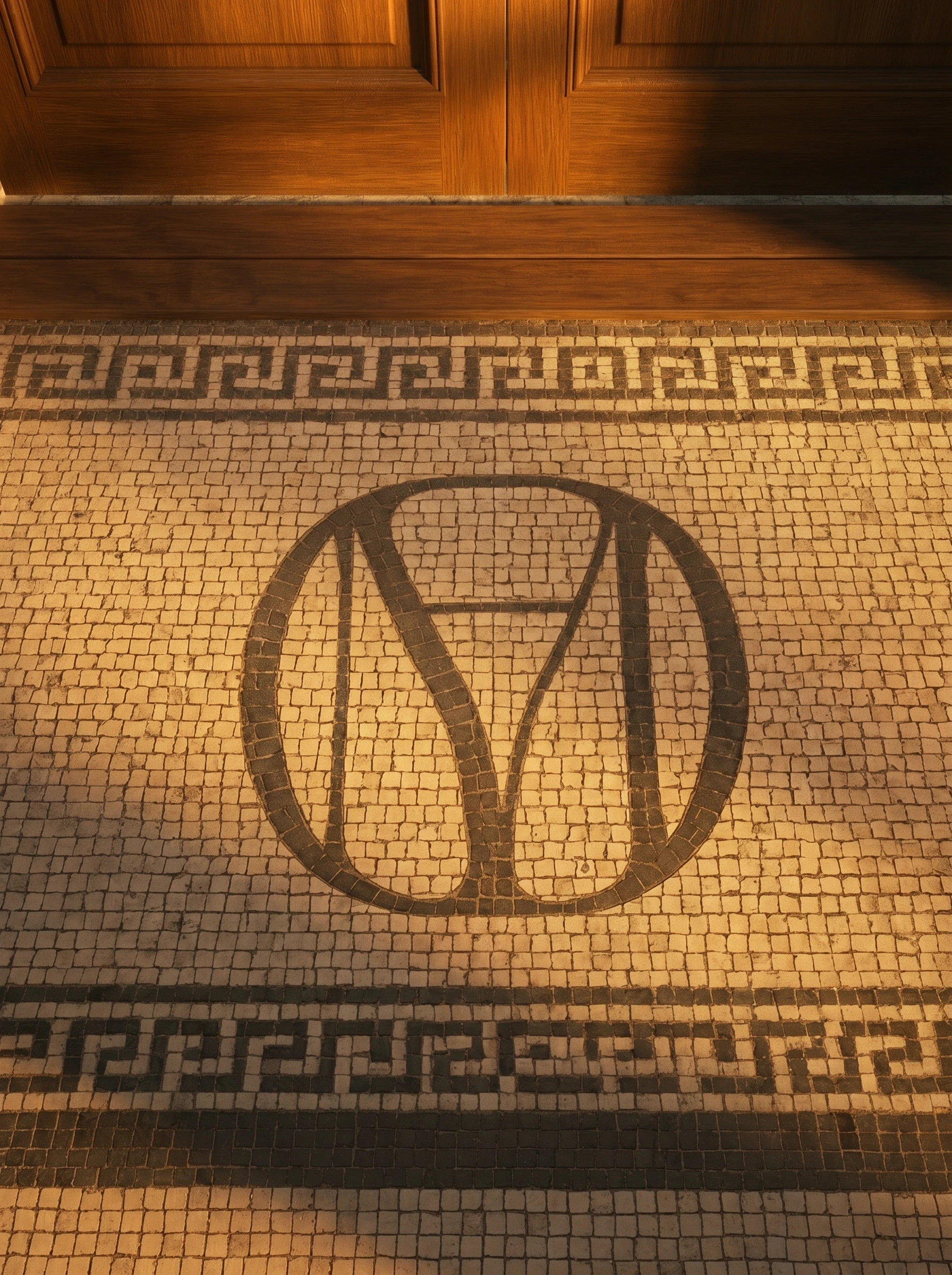 Maradona Official brand monogram set as a mosaic inlay on an ornate stone-tiled floor, bathed in warm golden light in front of a wooden doorway