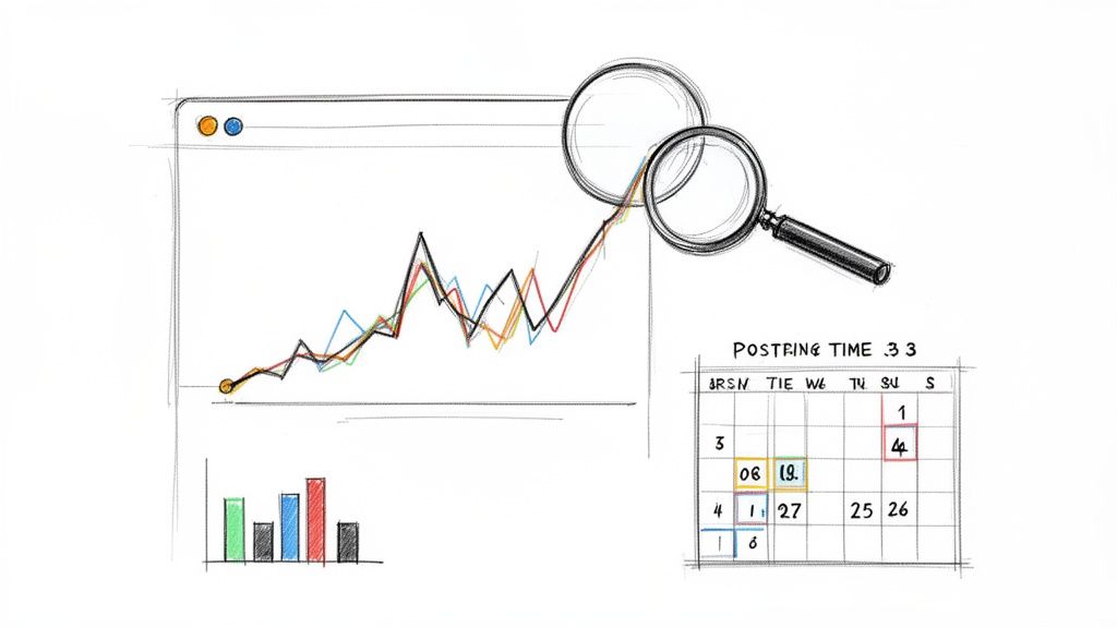 A sketch depicting data visualization with line and bar charts, a calendar, and magnifying glasses for analysis.