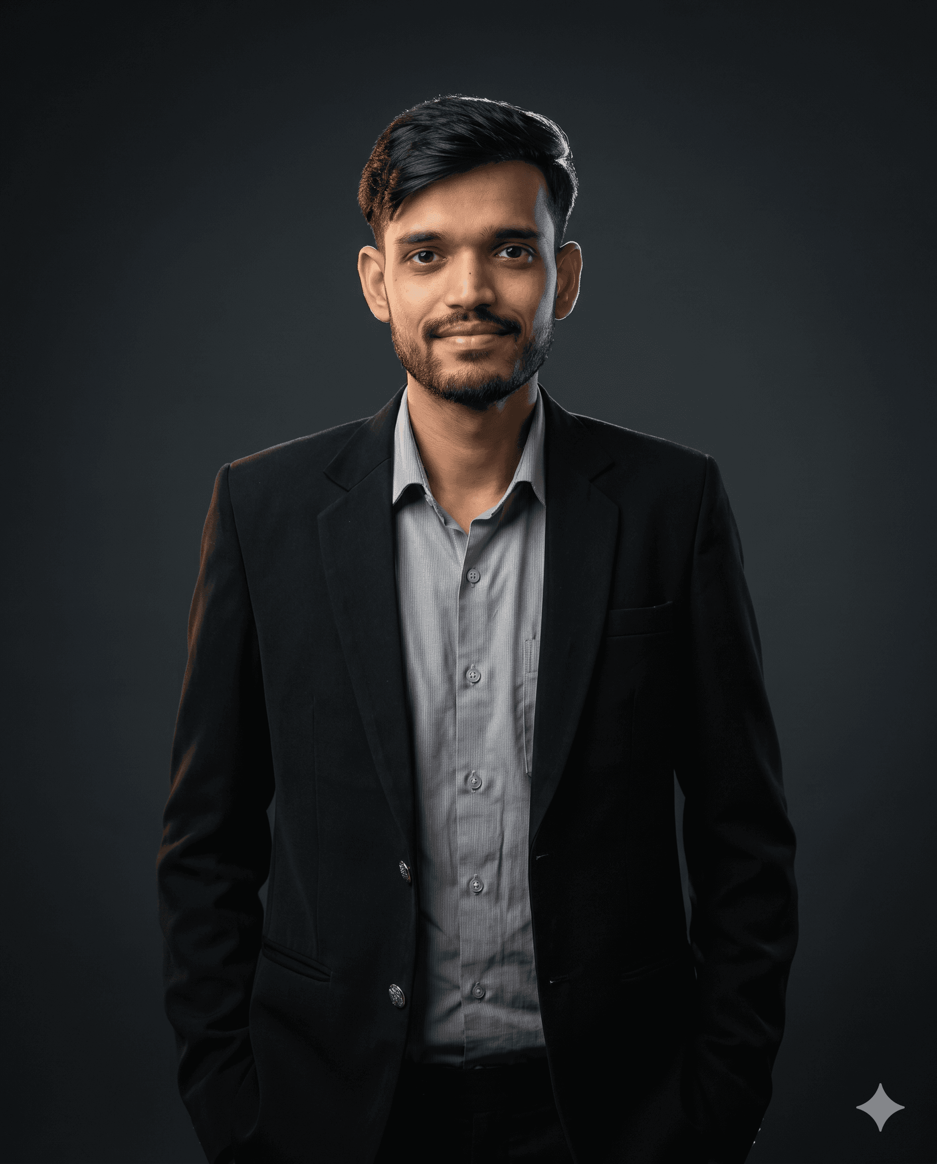 Professional portrait of Rankawat Group Jaipur team member in formal black suit and white shirt, confident corporate profile headshot for real estate company website.
