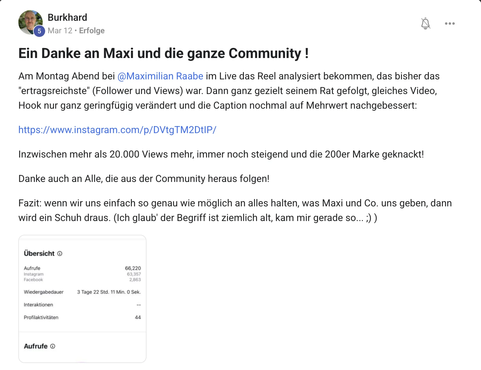 Kundenstimme KI Creator Akademie: Burkhard knackt 200 Follower und 66.220 Aufrufe
